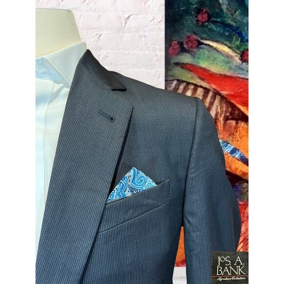 Jos A Bank Signature 42L Navy Blue Micro Pinstripe Silk Wool Blazer Suit Jacket - Picture 3 of 14